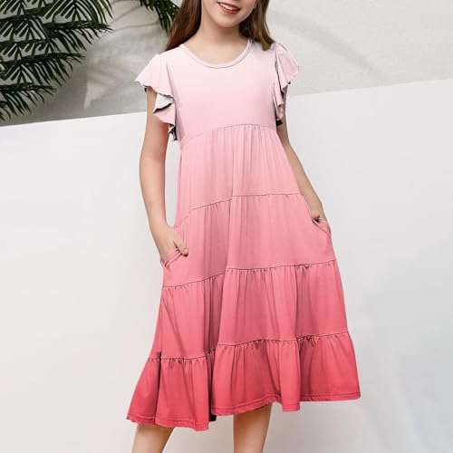 Girls Summer Dresses Kids Double Layer Ruffle Sleeve Dress Flowy A-Line Tiered Midi Casual Sundress with Pockets 6-15 Years2