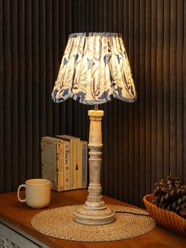 Image of Green Girgit Wooden Distress White Empire Lamp with Pleeted Multicolor Blue Floral Lotus Shape Lamp Shade