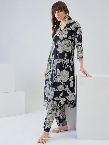 Image of INDO ERA Women's Silk Blend Embroidered Zari Work Straight Kurta & Pant Set | Cord Set For Women