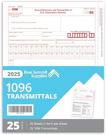 Blue Summit 1096 Forms 2025, 25 Pack Of 1096 Transmittal 2025 Tax...