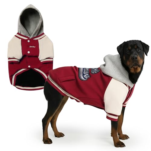 Image of Spark Paws Varsity Dog Hoodie - Premium Dog Sweater for Small, Medium, and Large Dogs | Warm Clothes for Pets, Winter Jacket Alternative - Red - 5XL