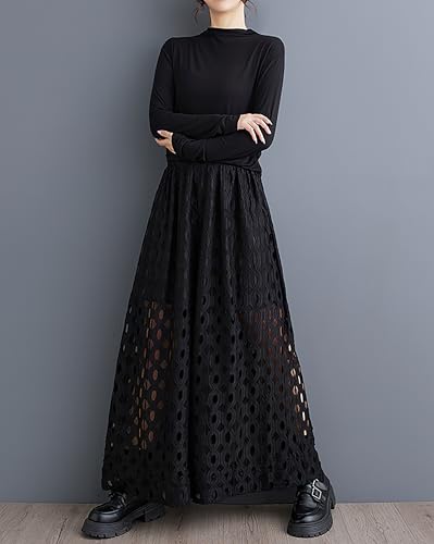 ellazhu Women's Pants Wide Leg Elastic Waist Lace Hollow Solid Two Side Pockets Oversize Loose Casual GZ3814