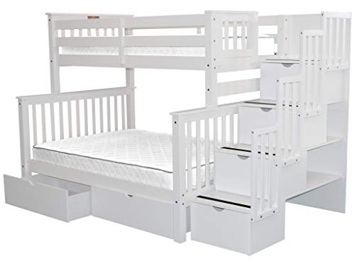 Bedz King Stairway Bunk Beds Twin Over Full With 4 Drawers In The Steps And 2 Under Bed Drawers, White #TOP3