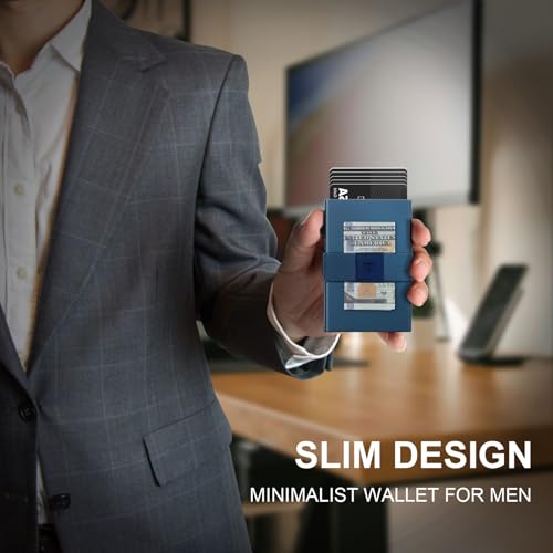 Image of Minimalist Wallet for Men,Slim Wallet Compatible with AirTag,Card Holder Metal Wallet,Pop Up Wallet,Metal Card Holder,Quick Access Card,RFID Blocking Protection,Hold 12+ Credit Cards (Navy Blue)