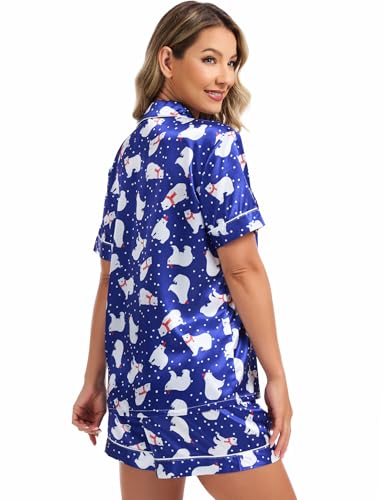 Image of SWOMOG Womens Silk Satin Pajamas Set Short Sleeve Sleepwear Button Down Top and Shorts Loungewear 2 Piece Pjs Set XS-3XL
