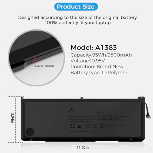 Image of A1383 Battery,A1297 Replacement for MacBook Pro 17 inch A1297(Early 2011-Late 2011) Series EMC 2352-1 EMC 2564(Upgraded High Performance 10.95V 95Wh 9500mAh)