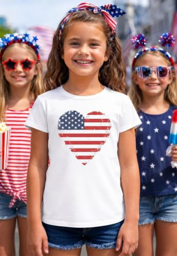 Image of Tstars Fitted Tee for Girls 4th of July Shirt | Patriotic American Cute Kids Heart Graphic Horse T-Shirt