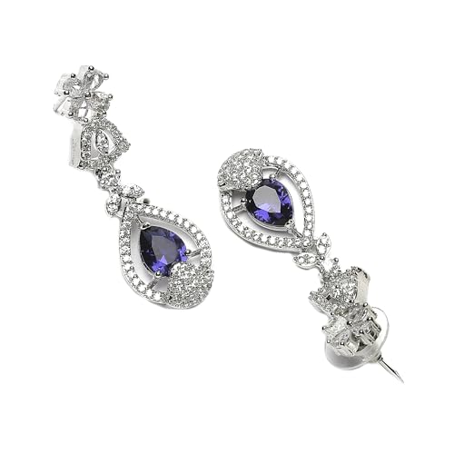 Image of ZENEME Rhodium-Plated Silver-Toned Emerald-Cut American Diamond Floral Link Necklace Set with Pear Drop Earrings for Women & Girls