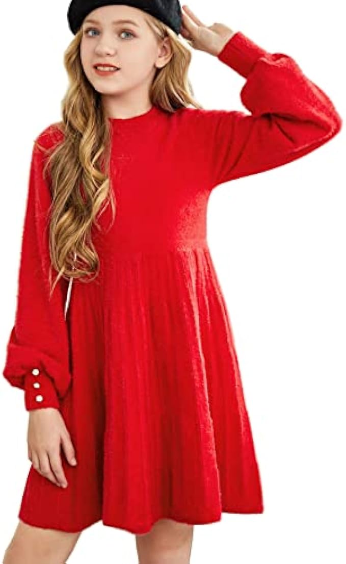 Arshiner Girls Sweater Dress Knit Crew Neck Lantern Sleeve Solid Twirl Dresses