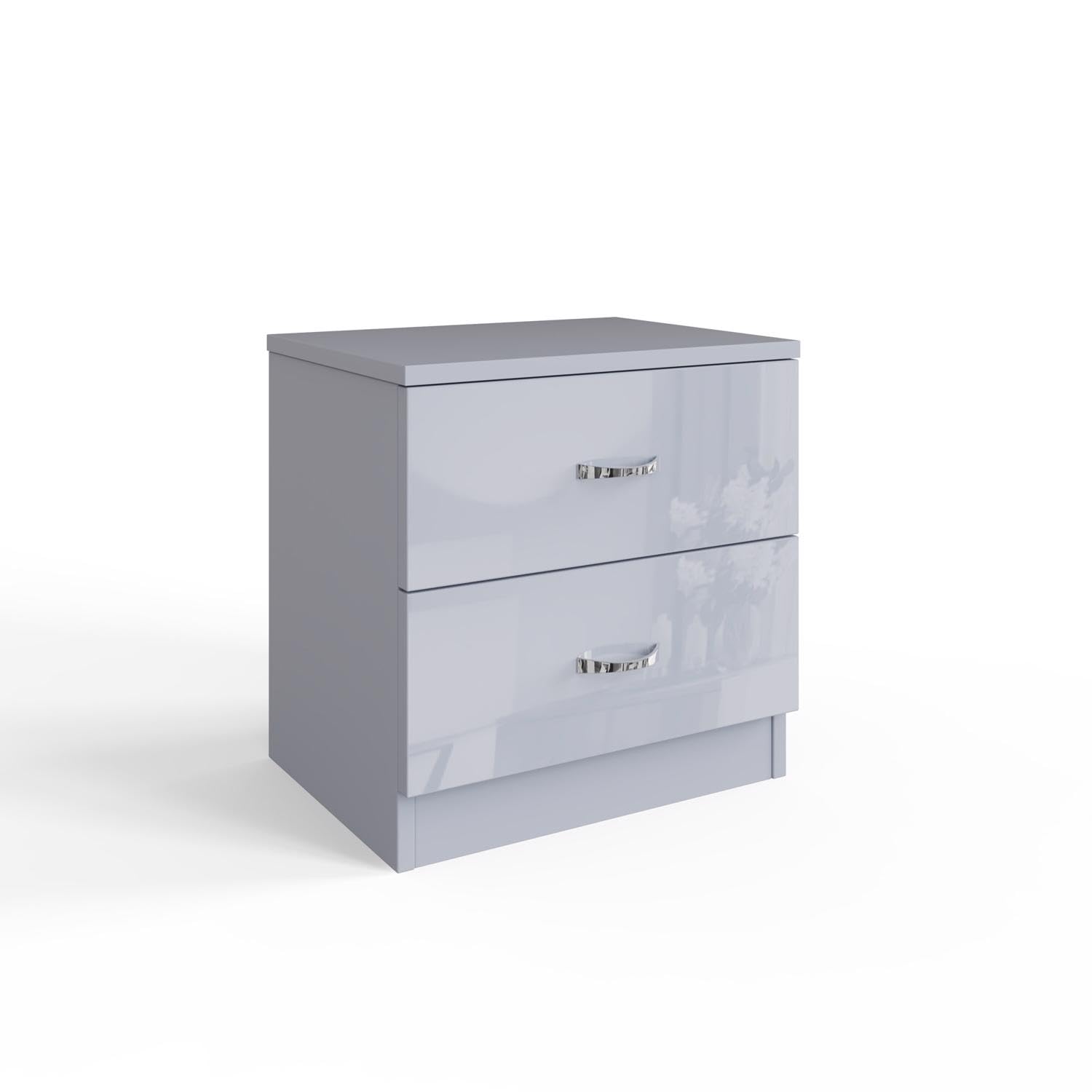 FWStyle Grey Bedside Cabinet Table Grey Gloss Drawer Fronts Metal Fittings Large drawers. W45 x H46 x D35cm.