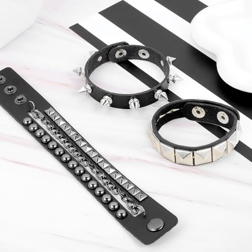 Grevosea 3 Stück Nieten Armband Punk Rock Leder Nietenarmband Herren Damen Armband Emo Accessoires Gothic Breites mit Verschluss für Party/Konzert/Cosplay