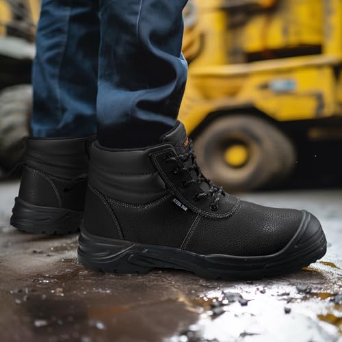 Image of NINGO Steel Toe Work Boots for Men, Non Slip & Puncture Resistant Construction Boots with Breathable Lining, EH Protection, Comfortable Mens Safety Leather Work Shoes for Industrial, Walking Warehouse