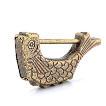Vintage Antique Lock Old Chinese Lock Retro Padlock for Jewelry Box Wooden Suitcase Drawer Home Decor (Fish Style)