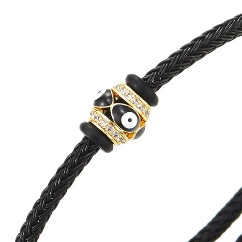 COOLSTEELANDBEYOND Steel Black Rope Bracelet with Gold Color CZ Eye Charm Adjustable Spiritual Jewelry2