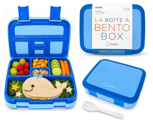 Image of kinsho Bento Lunch Box for Kids Toddlers Boys, 5 Portion Sections Secure Lid, Microwave Safe BPA Free Removable Tray, Pre-School Kid Daycare Lunches Snack Container Ages 3 to 5, Blue