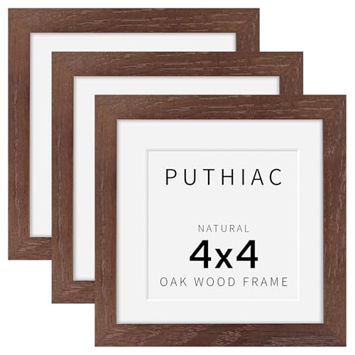 4x4 Oak Wood Picture Frame - 4"x4" Photo Frame, 4x4 Picture Frame Wood, Natural Solid Wooden Picture Frames for Wall Art Photo and Prints(3 Pack, Walnut)