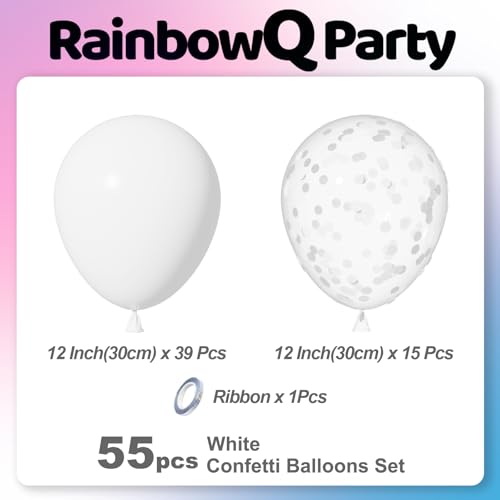 Image of White Latex Balloons: 55Pcs 12 inch White Confetti Party Balloons Mat Helium Latex Balloon Ribbons for Birthday Anniversary Valentine's Day Wedding Decoration