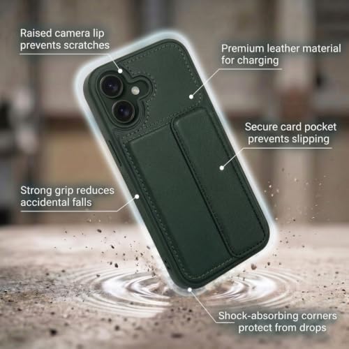 Image of amazon basics Luxury Vegan Leather Back Cover for iPhone 16 | Built-in Card Holder Slot | Integrated Mobile Stand | Slim Shockproof Protective Case with Stitched Finish - Green