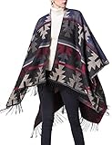 xxxiticat Women's Native American Trendy Cashmere Plaid Pattern Wrap Shawl Cardigan Poncho Cape Scarf(ZQ) Dark Blue