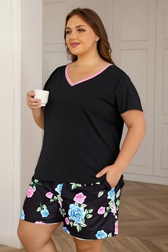 Image of Vozanet Women's Short Sleeve Top and Shorts Pajama Sets Plus Size V Neck Colorful Flower Nighty Loungewear With TWO Pockets