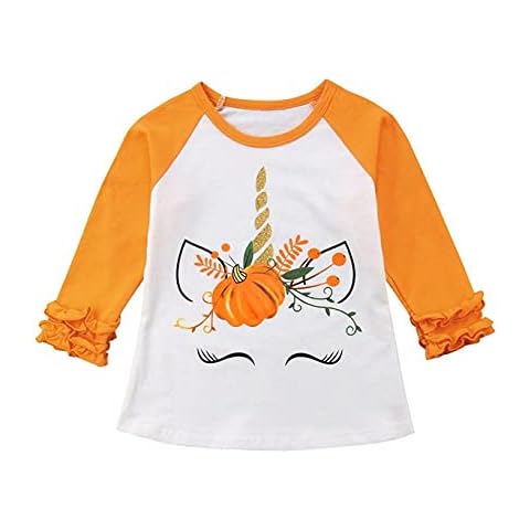 ASLBSBOXWOMEN Toddler Kids Baby Girl Thanksgiving Christmas Unicorn Pumpkin Print Ruffles Long Sleeve Cotton T-Shirt Tops Blouse (Orange, 2t) Cover