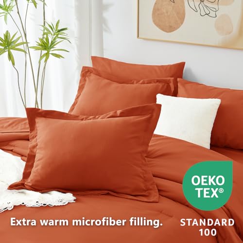 CozyLux King Comforter Set Burnt Orange, 7 Pieces Bed in a Bag Terracotta Comforter Set with Sheets, All Season Boho 7PC Bed Sets with Comforter, Fitted Sheet, Flat Sheet, Pillow Shams and Pillowcases