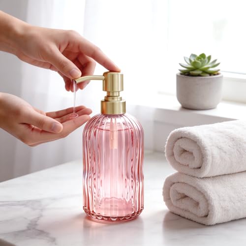 Image of 16 OZ Pink Glass Soap Dispenser,Clear Pink Stripe Bathroom Hand Soap Dispensers with Stainless Steel Gold Pump, Pink Kitchen Hand Soap Dispenser with Brushed Gold Pump
