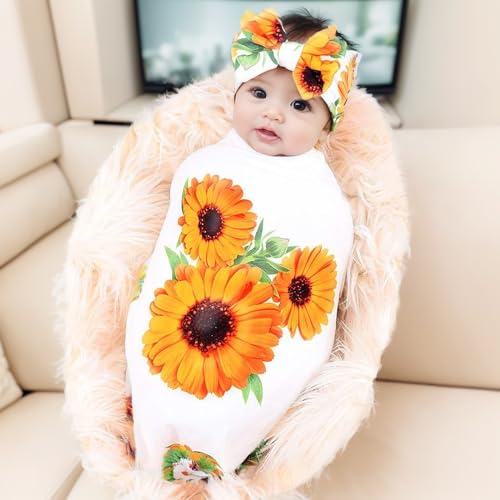 Image of Galabloomer Newborn Receiving Blanket Headband Set Baby Flower Rose Swaddle with Big Bow (White Sunflower)