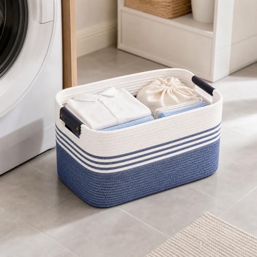 Image of Cotton Rope Laundry Basket Extra Large, 22.8GAL Collapsible Woven Storage Baskets for Living Room Kids Toys Stuffed Animal,Boho Rectangular Decorative Hamper for Dirty Clothes, Blankets Denim Blue