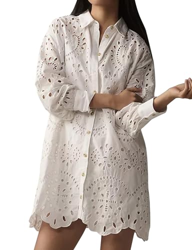 CHARTOU Women Eyelet Lace Dress Button Down Shirt Loose Fit Summer Casual Mini Dress3