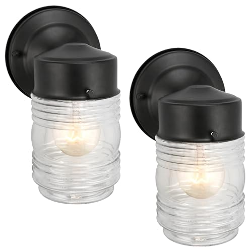 Image of Design House 2-Pack Jelly Jar Wall Light, Indoor or Outdoor, Clear Glass, Matte Black, 590232