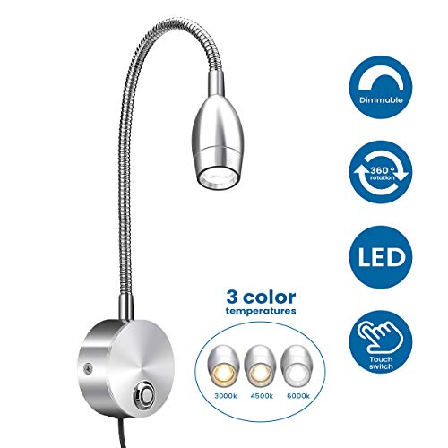 Luz de Libro Recargable, Elfeland Lámpara Lectura LED Interruptor Táctil 12V Ajustable de 3 Colores Luz de Cuello de Cisne 360° Aplique Mesa Ojos Cuidados para Lectores Noche Estudio Cama Ordenador