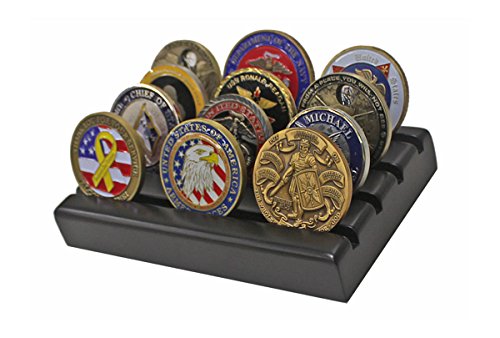 DisplayGifts Challenge Coin Display Stand Wooden Holder Rack Case Holds 12 Military Challenge Coins, Black