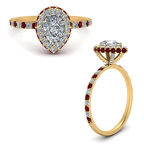 Image of Choose Your Gemstone Pave Rollover Pear Halo Engagement Ring Yellow Gold Plated Pear Shape Halo Engagement Rings Matching Jewelry Wedding Jewelry Easy to Wear Gifts US Size 4 to 12