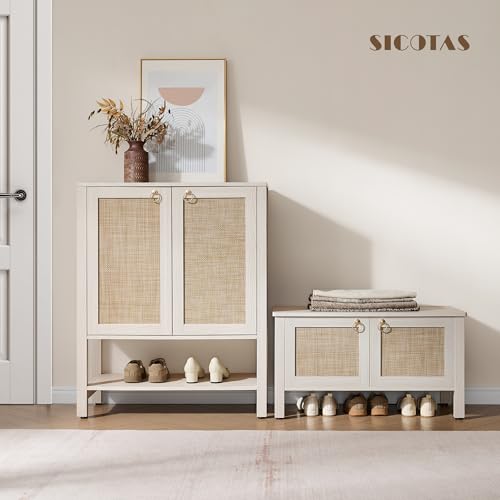 Image of SICOTAS Shoe Cabinet with Storage - 3 Pieces Farmhouse Shoe Organizer with Rattan Doors & Shelves, 5 Tier Free Standing Shoe Rack Storage Cabinet for Entryway, Living Room, Closet (White Cream Oak)