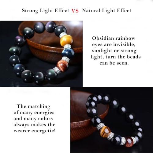 Black Obsidian Bracelet,Feng Shui Black Obsidian Wealth Bracelet for Women Men Stretch Obsidian Bracelet Bangle with Tricolor Tiger Eye Stone Attract Wealth Money and Good Luck3