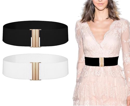 2 Pcs Black&White Wide Stretchy Waist Belts for Women, Vintage Elastic Waist Stretch Elastic Belts Plus Size Retro Adjustable Plus Size Belt with Buckle for Women Dresses, Jeans and Coats