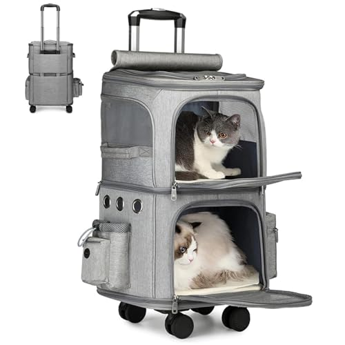 JXYQZD ペットキャリーバック 4輪 多頭 猫 2匹 用 キャリーカート折りたたみ 猫犬中型2匹用ペットカート折りたたみ 通気口ポータブルケージ 360度回転 持ち手付き 変形しない散歩 旅行 通院 防災避難用耐荷重11kg (Color : グレー)