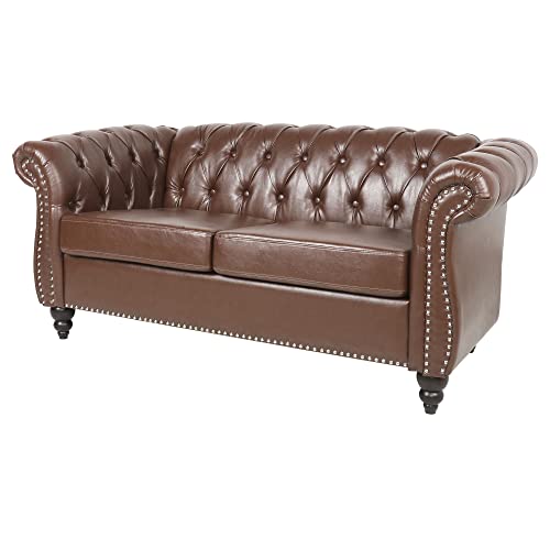 Image of LEVNARY Leather Sofa, Chesterfield Tufted Upholstered 2 Seater Couch, Modern Loveseat Couch Classic Furniture for Living Room Bedroom (Dark Brown)