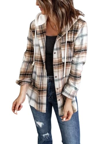 LACOZY Damen Flanell Kariert Shirts Hoodies Langarm Oversized Buffalo Plaid Sweatshirt Knopfleiste Jacke Pullover, khaki, M