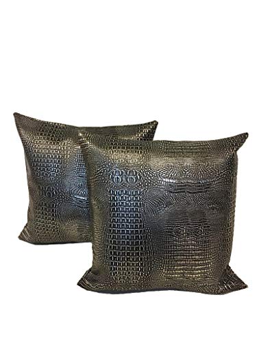 Luvfabrics Set Of 2- 18 By 18 Inch Black Silver Metallic Alligator Faux Leather Vinyl Home Decor Pillows cover