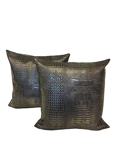 Luvfabrics Set of 2- 18 by 18 inch Black Silver Metallic Alligator Faux Leather Vinyl Home Decor Pillows