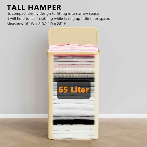 SpaceAid Slim Laundry Hamper with Lid, 65L Narrow Clothes Basket Bin with Bamboo Handles, Skinny Tall Collapsible Hamper for Bedroom, Bathroom, Dorm, Laundry Room - Beige
