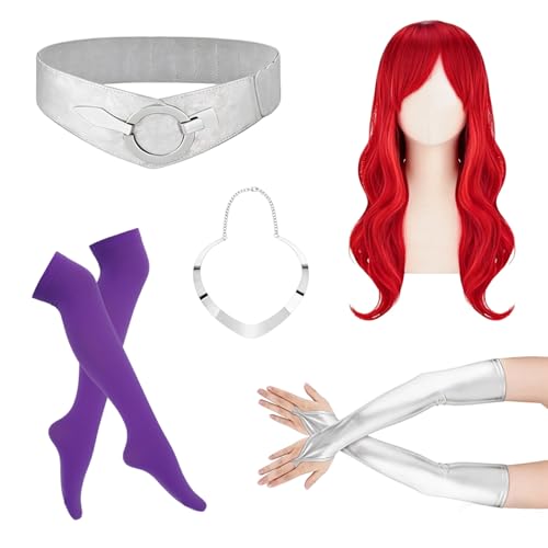 PUIWNON 5Pcs Halloween Star Costume Accessories Women Purple Princess Cosplay Outfit with Anime Red Wig Belt Gloves Thigh High Stockings Necklace for Party Masquerade Dress Up
