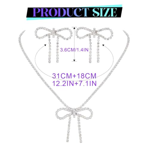 JAKAWIN Rhinestone Bow Necklace and Earrings Set Silver Sparkly Crystal Bowknot Jewelry Set Dressy Prom Wedding Necklaces Chain for Women4