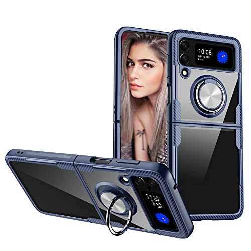 Compatible With Samsung Z Flip 3 Case,Full Body Shockproof Hard Clear Phone Case With 360 Rotate Magnetic Ring Holder Kickstand [Drop Protection] Slim Protective Cover For Galaxy Z Flip 3 Case -Blue #TOP4