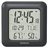 KADAMS Bathroom Clock 9.5' Kitchen Wall Clock with Large LCD Screen – Shower Clock with Suction Cup,Temperature, Humidity, Calendar – Water-Resistant, 4 Mounting Options, Black