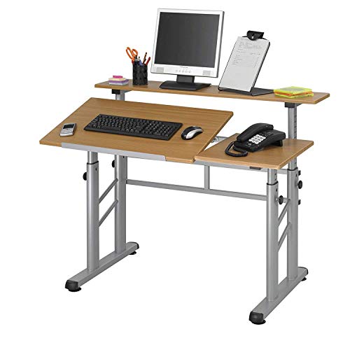 Safco Split-Level Drafting Table Height Adjustable Sit-To-Stand, 29.5" To 37.5", Medium Oak #TOP2