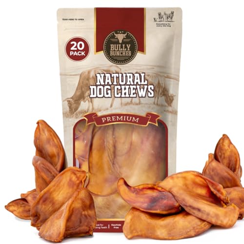 Bully Bunches Large Whole Pig Ears for Dogs | Free Range Oven Baked Pork for All Breeds | All-Natural Single Ingredient & 100% Digestible Safe Dog Chew - Multipack (20 Pack)