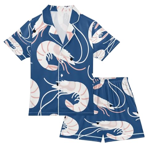Satin Pajama Sets Short Sleeve Lobster Pattern on Blue Background_1 Button Down Silky Nightwear 2 Piece PJS 5-14Y